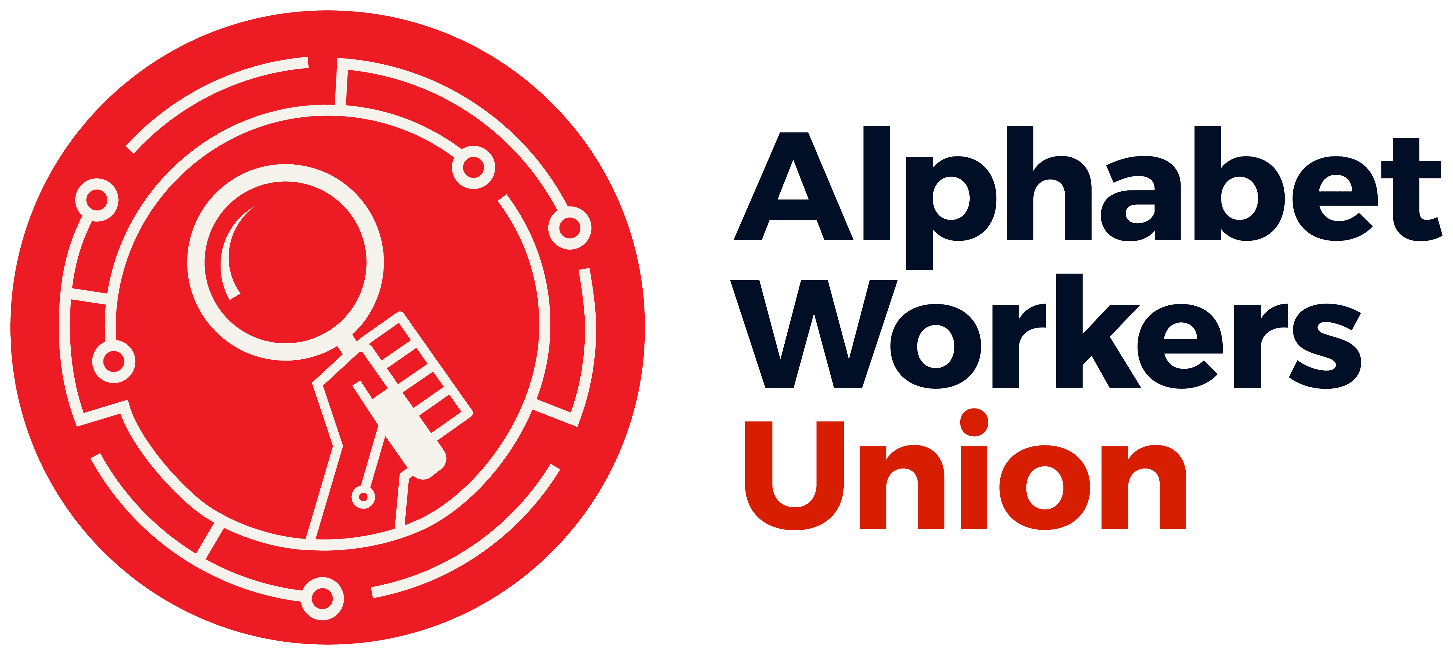 A logo for the Alphabet Workers Union logo with a hand holding a magnifying glass in red, black, and white