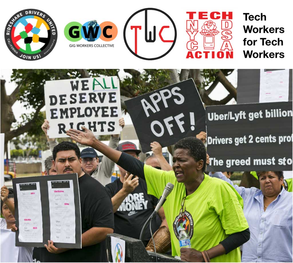 Esterphanie St. Juste, ridehail driver and organizer, speaking at a podium with other drivers on both sides of her