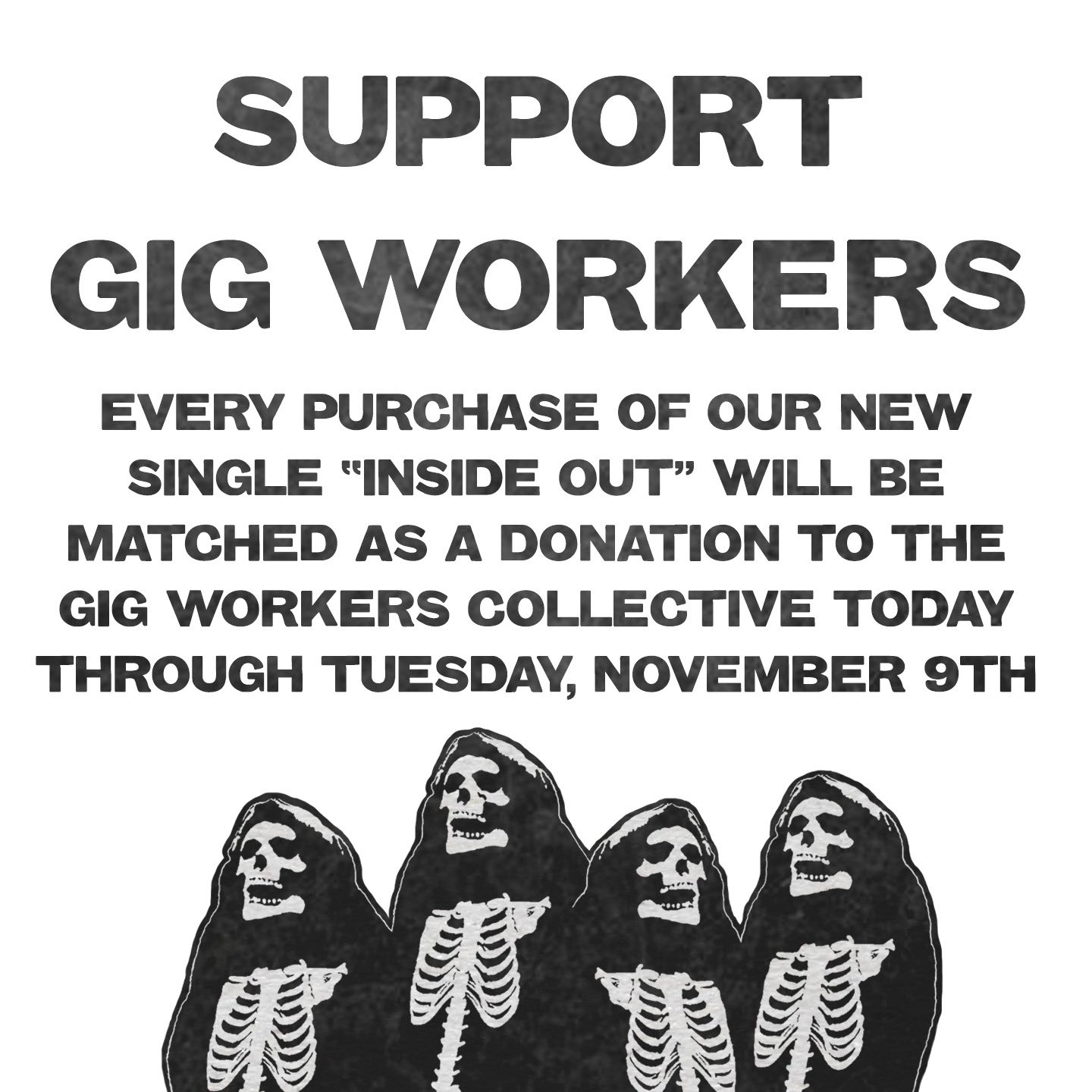 Poster art featuring four hooded Halloween-esque skeleton figures